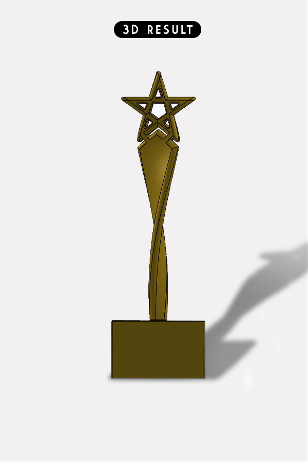 Modélisation 3D d'un trophée personnalisé doré avec étoile à cinq branches, structure élancée et socle rectangulaire