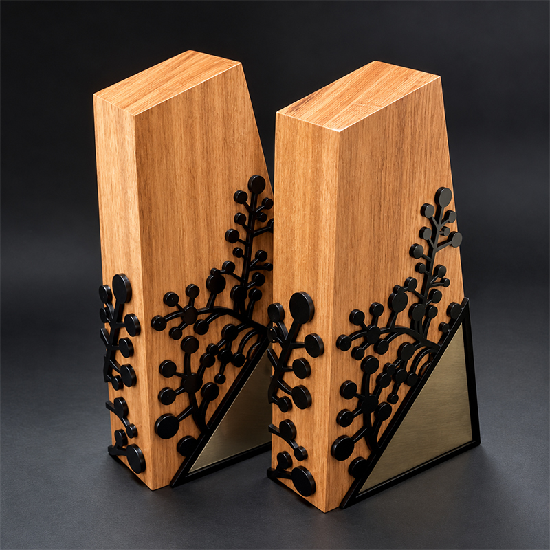 Deux trophées en bois naturel de forme verticale avec motifs végétaux noirs en relief et éléments triangulaires décoratifs