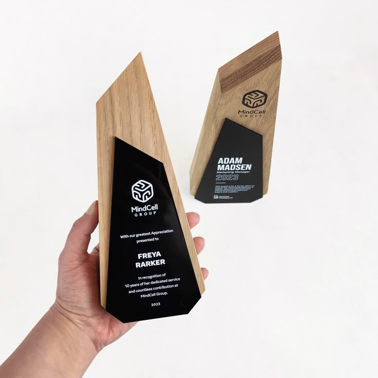 Deux trophées personnalisés MindCell Group en bois naturel et plexiglass noir, avec formes asymétriques et inscriptions de reconnaissance professionnelle