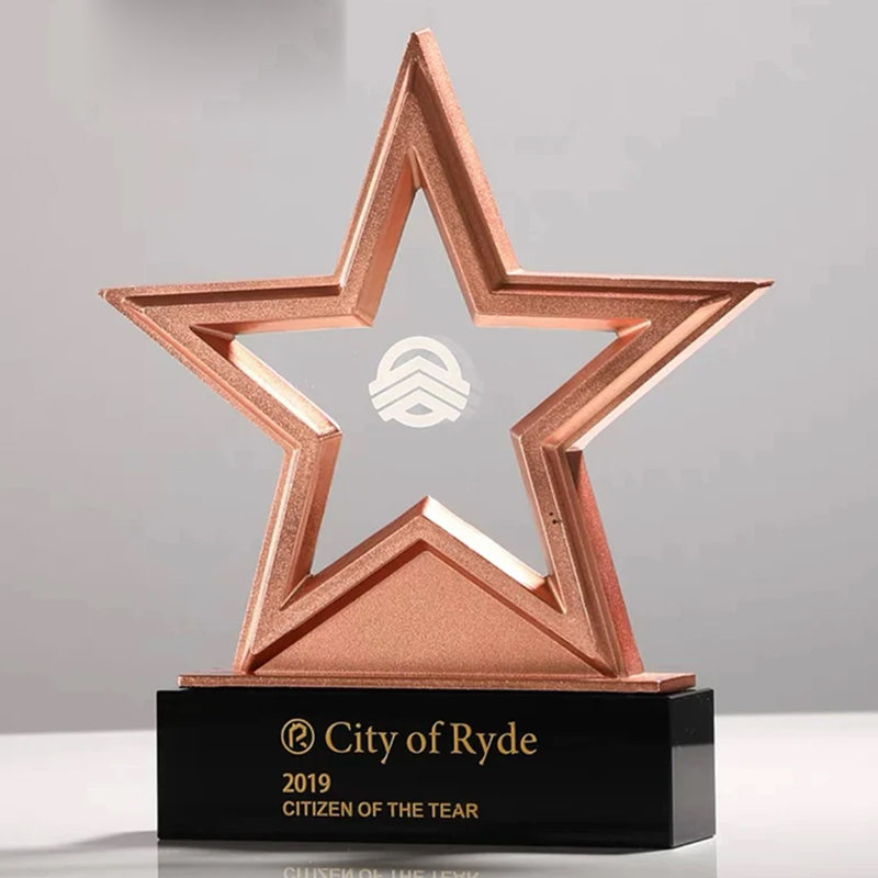 Trophée en bronze à finition cuivrée en forme d'étoile, avec centre transparent et socle noir portant l'inscription City of Ryde Citizen of the Year 2019