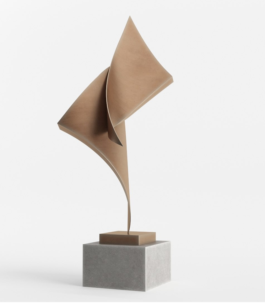 Trophée en cuivre au design géométrique avec deux surfaces courbes et pointues à finition satinée, monté sur un socle gris