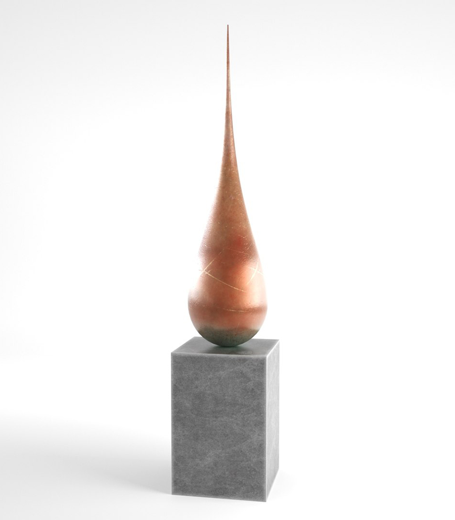 Trophée en cuivre de forme organique représentant une goutte élancée avec finition cuivrée et socle cubique gris
