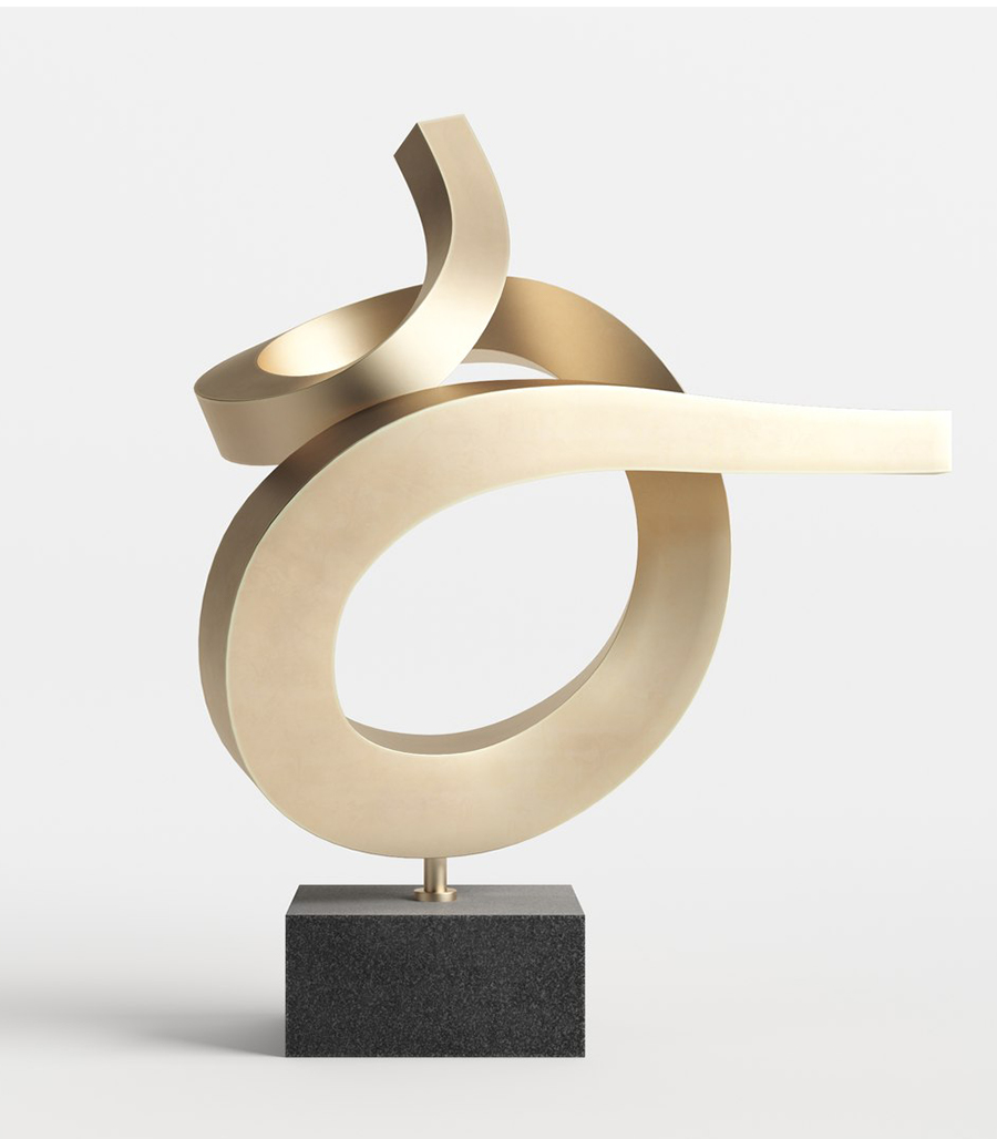 Trophée en laiton doré au design abstrait avec formes courbes entrelacées, monté sur un socle rectangulaire noir