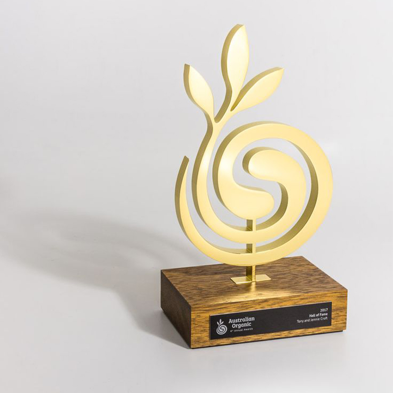 Trophée en laiton doré au design végétal abstrait avec trois feuilles et une spirale centrale, monté sur un socle en bois Australian Organic