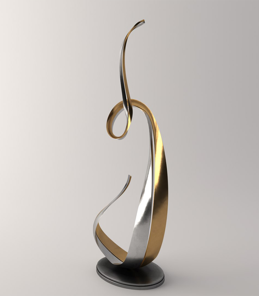Trophée en métal composé de rubans courbes élancés aux finitions dorée et argentée, sur socle circulaire noir