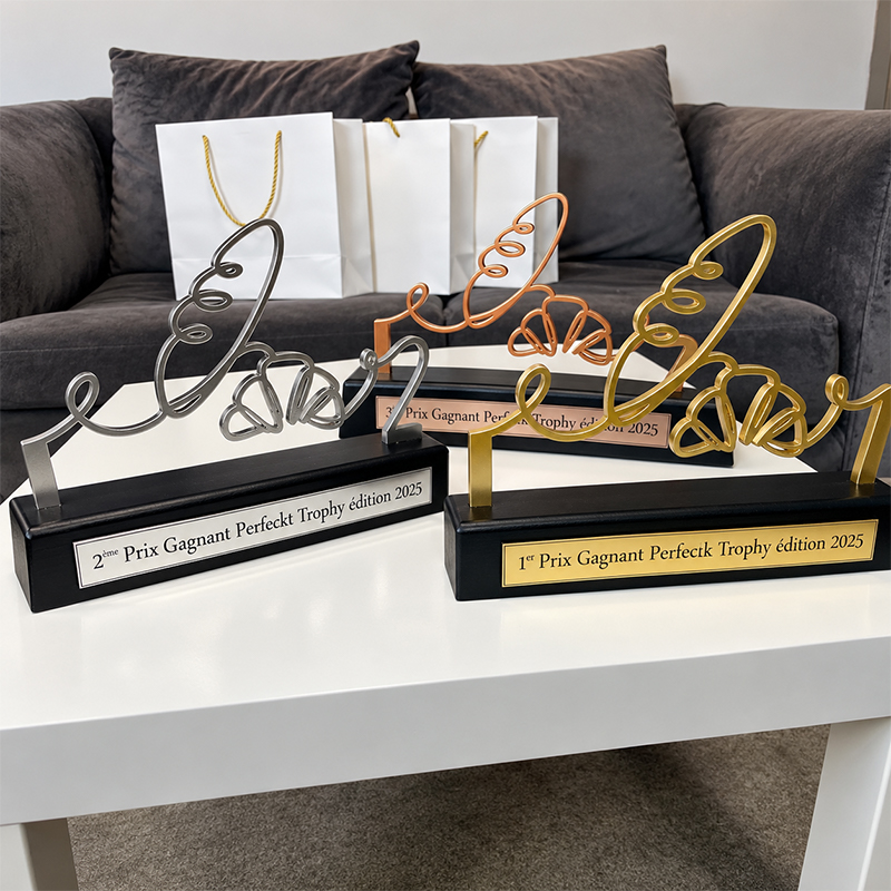 Trois trophées Perfect Trophy 2025 en métal avec formes artistiques ajourées, finitions dorée, bronze et argentée, sur socles noirs gravés