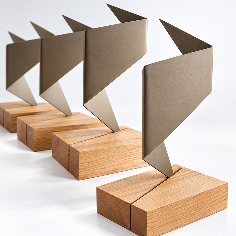 Quatre trophées métalliques aux formes géométriques triangulaires avec finition satinée et socles rectangulaires en bois clair